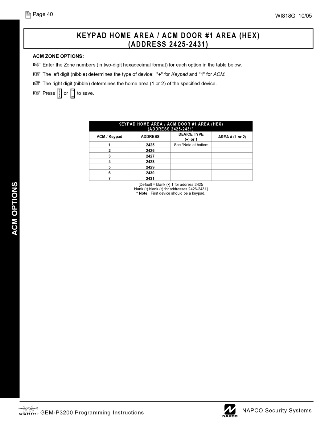 Napco Security Technologies GEM-P3200 quick start ACM Options, Keypad Home Area / ACM Door #1 Area HEX, Address 2425 