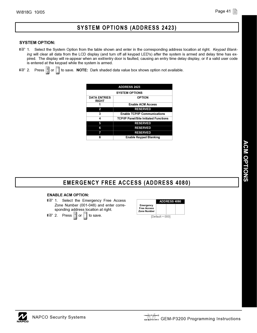 Napco Security Technologies GEM-P3200 quick start System Options Address, Emergency Free Access Address 