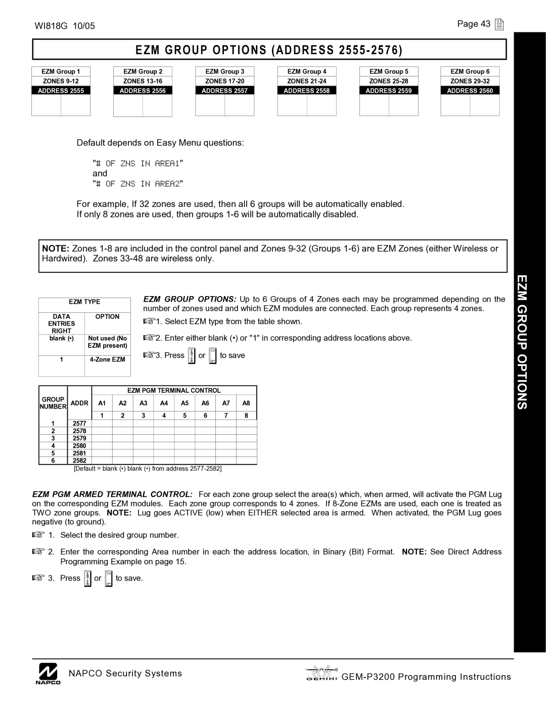 Napco Security Technologies GEM-P3200 quick start EZM Group Options Address 2555, EZM Type Data Option Entries 