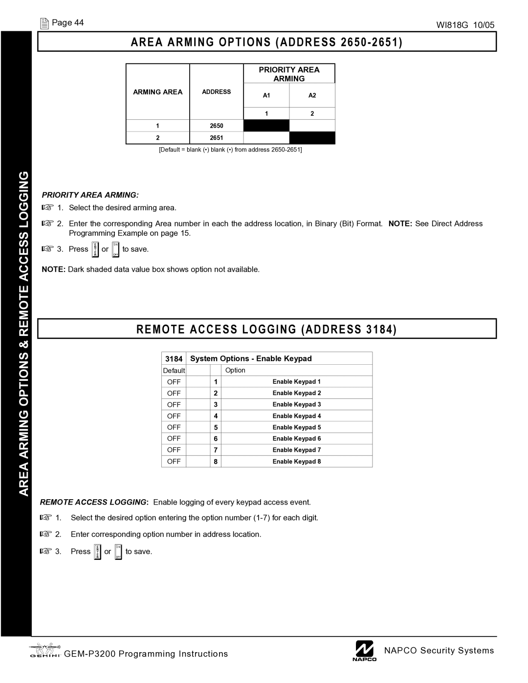 Napco Security Technologies GEM-P3200 Area Arming Options & Remote Access Logging, Area Arming Options Address 2650 