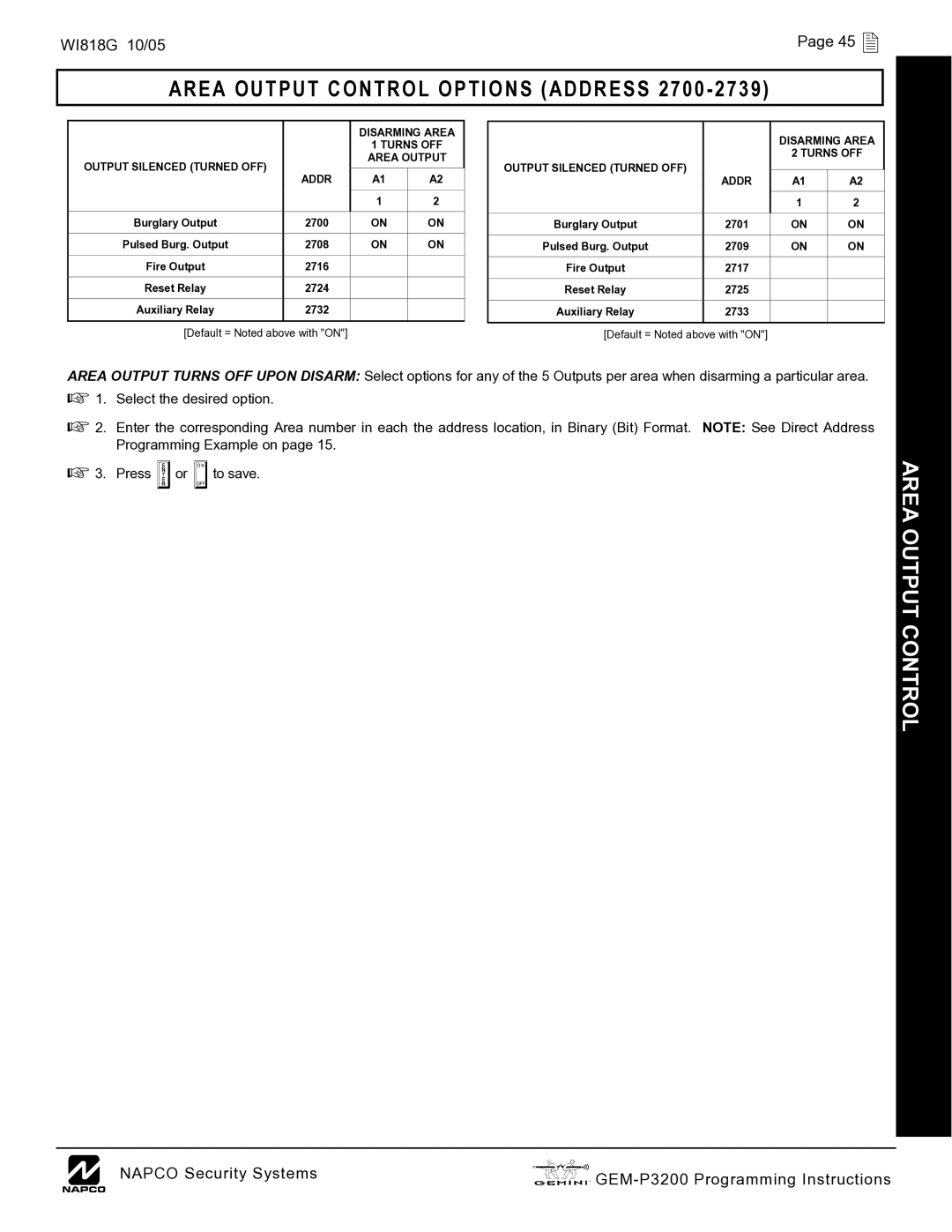 Napco Security Technologies GEM-P3200 quick start Disarming Area, Turns OFF, Area Output 