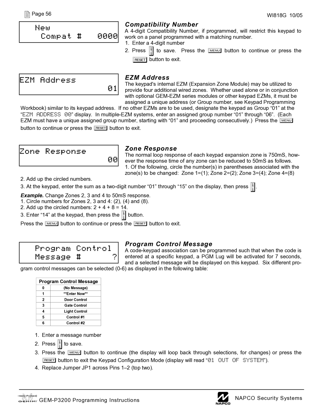 Napco Security Technologies GEM-P3200 quick start New Compat #, Program Control Message 