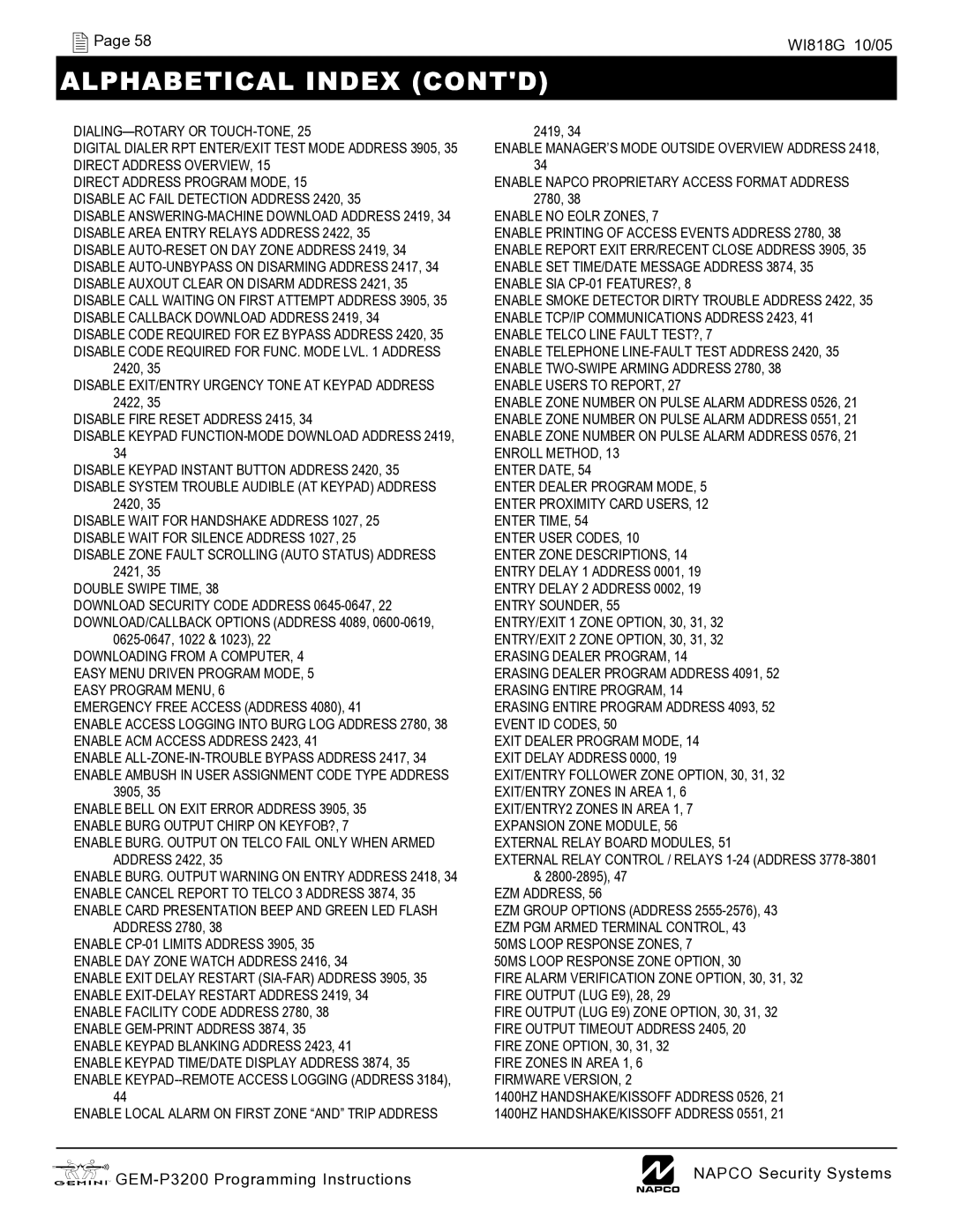 Napco Security Technologies GEM-P3200 quick start Alphabetical Index Contd 