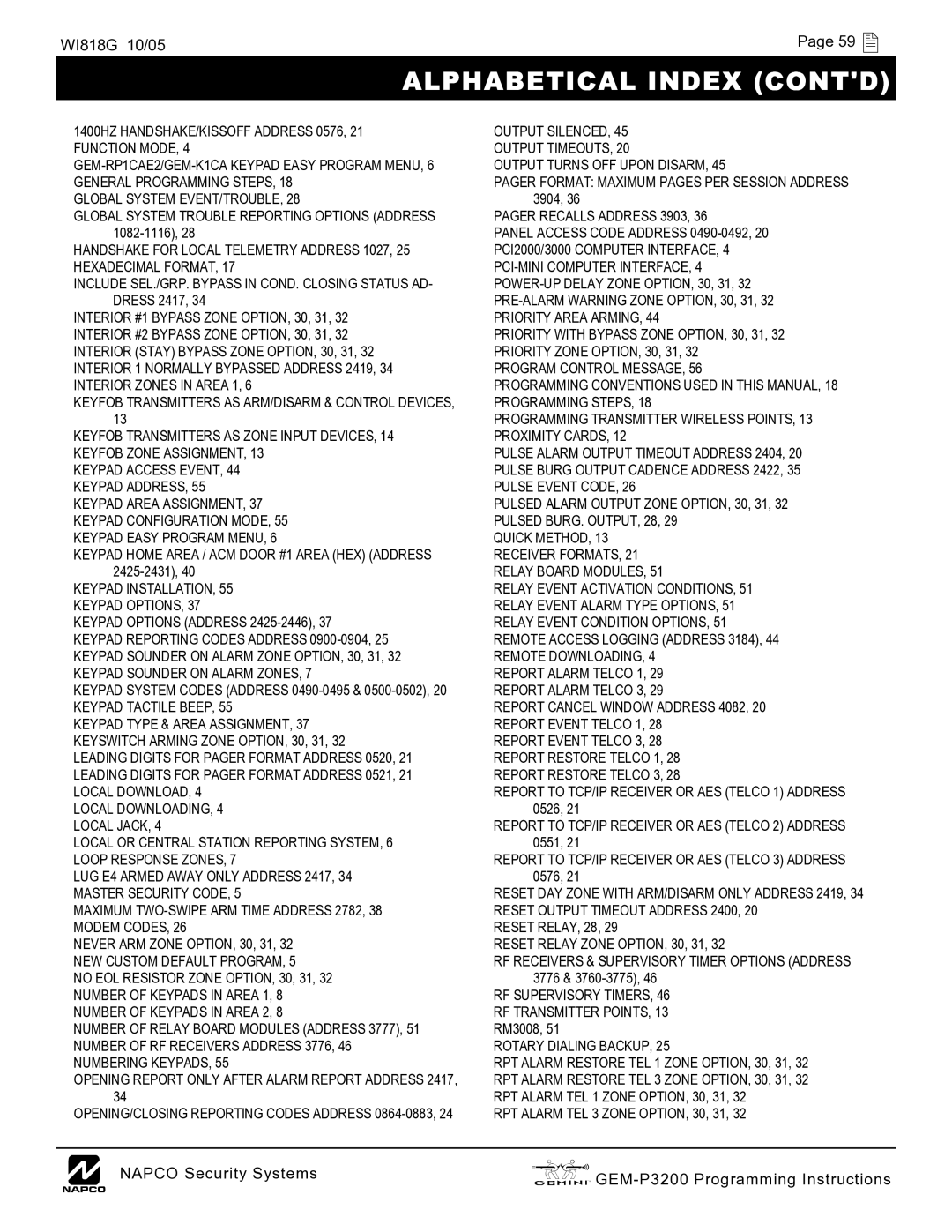 Napco Security Technologies GEM-P3200 quick start Keypad System Codes Address 0490-0495 & 0500-0502 