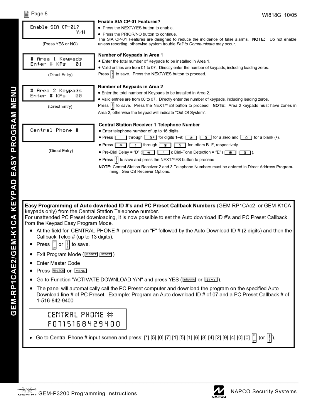 Napco Security Technologies GEM-P3200 quick start Menu, GEM-RP1CAE2/GEM-K1CA, Enable SIA CP-01? Y/N, Area Keypads Enter KPs 