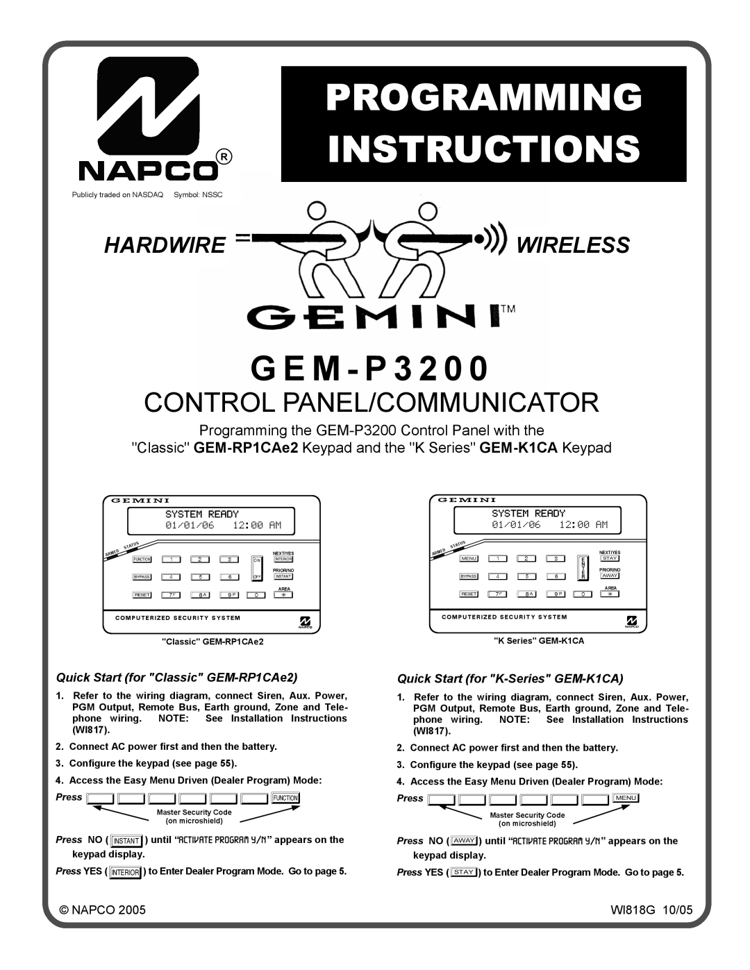 Napco Security Technologies GEM-P3200 quick start Programming Instructions, G E M - P, Control Panel/Communicator, Gemini 