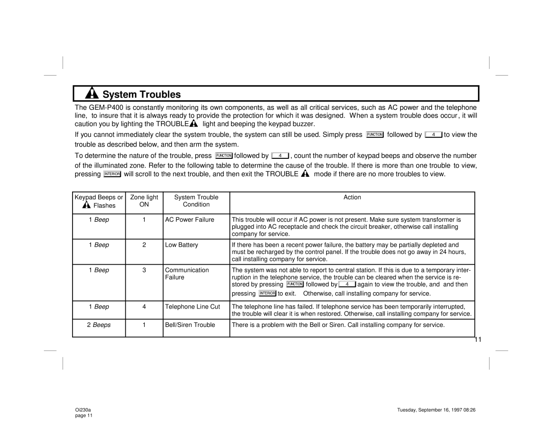 Napco Security Technologies GEM-P400 manual System Troubles, Mode if there are no more troubles to view 