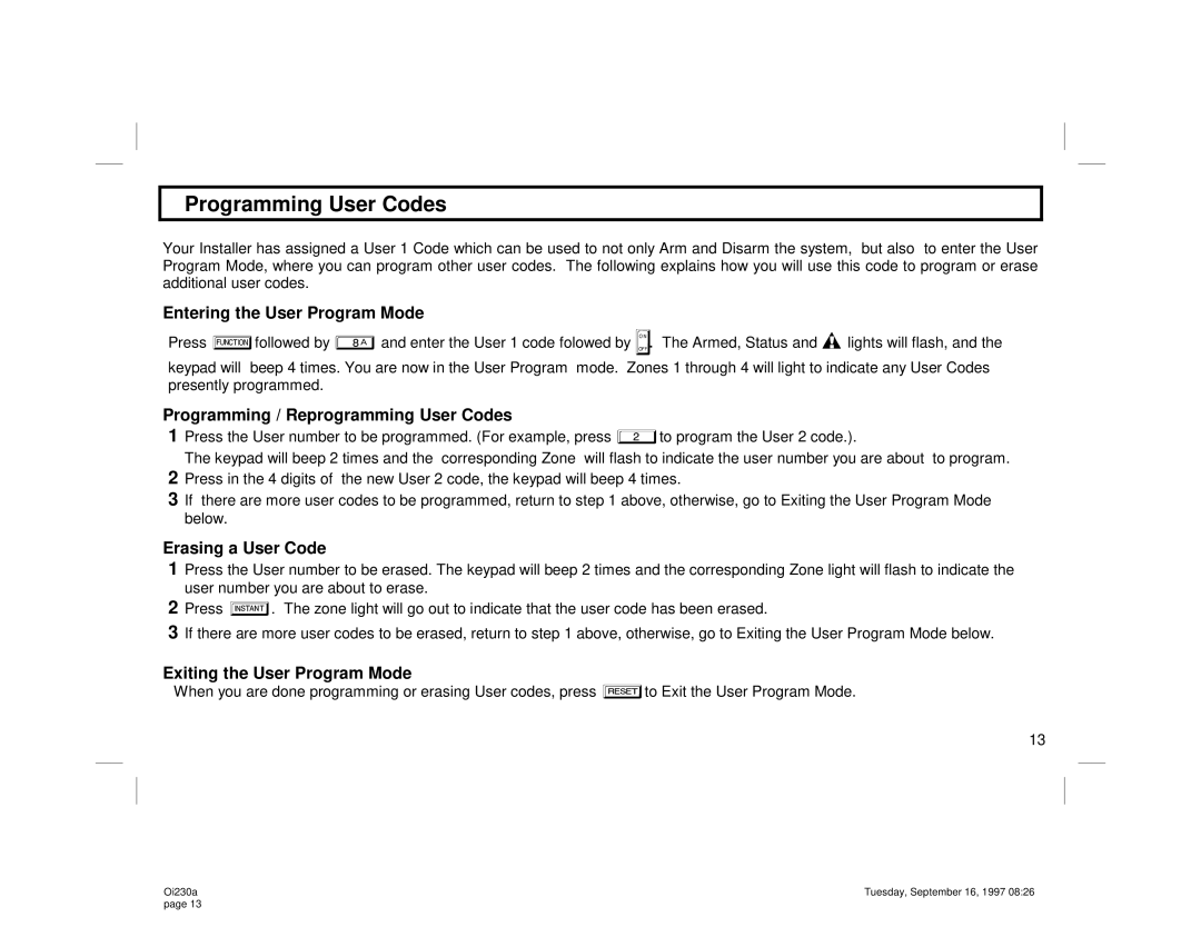 Napco Security Technologies GEM-P400 manual Programming User Codes, Entering the User Program Mode 