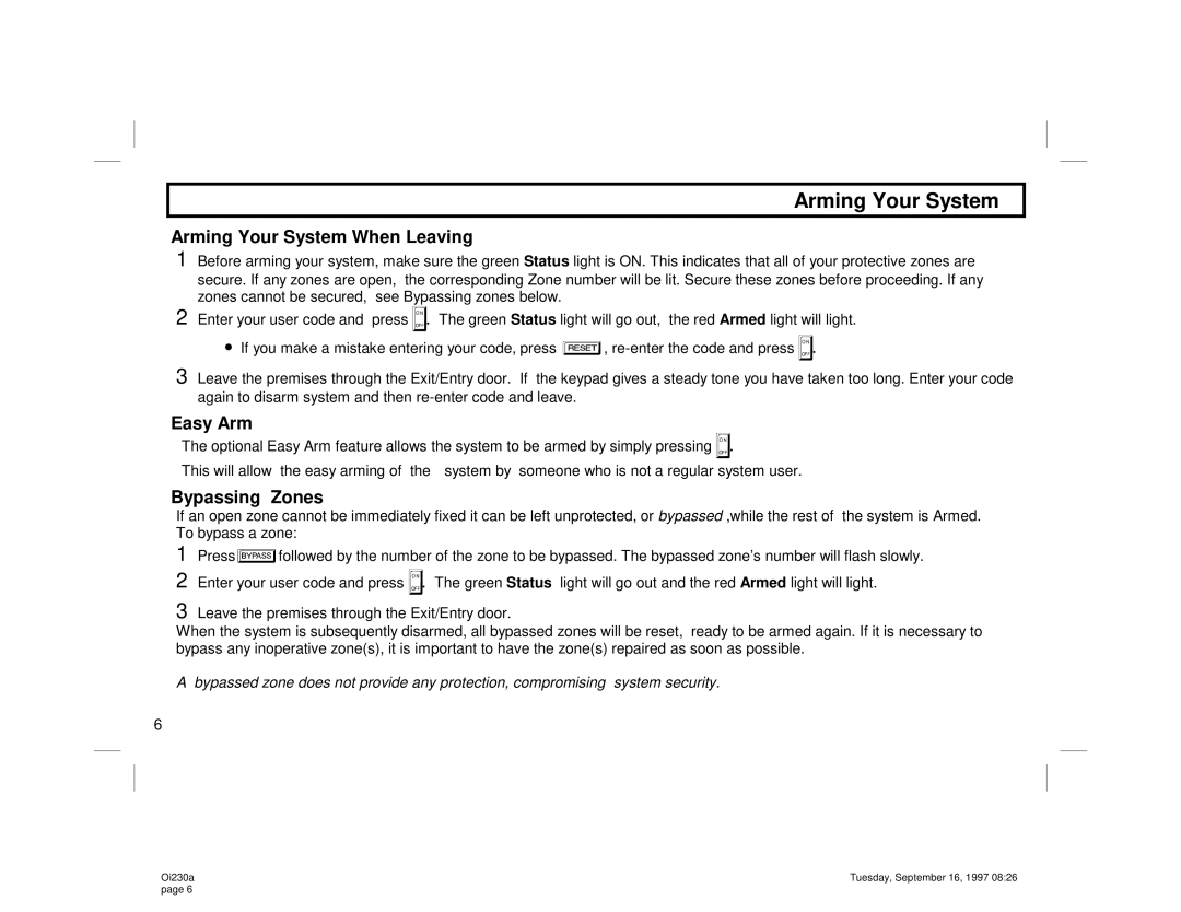 Napco Security Technologies GEM-P400 manual Arming Your System When Leaving, Easy Arm, Bypassing Zones 