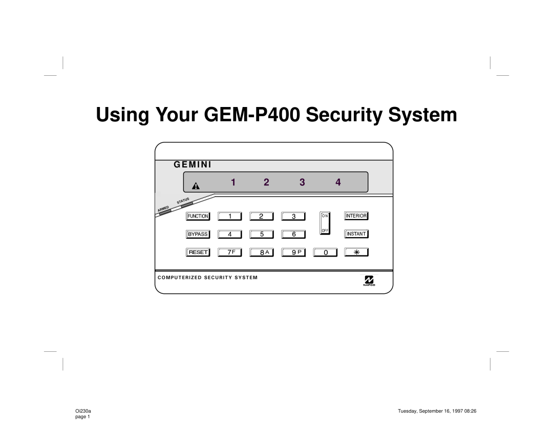 Napco Security Technologies manual G E M I N, 20387, Using Your GEM-P400Security System, Oi230a, page 