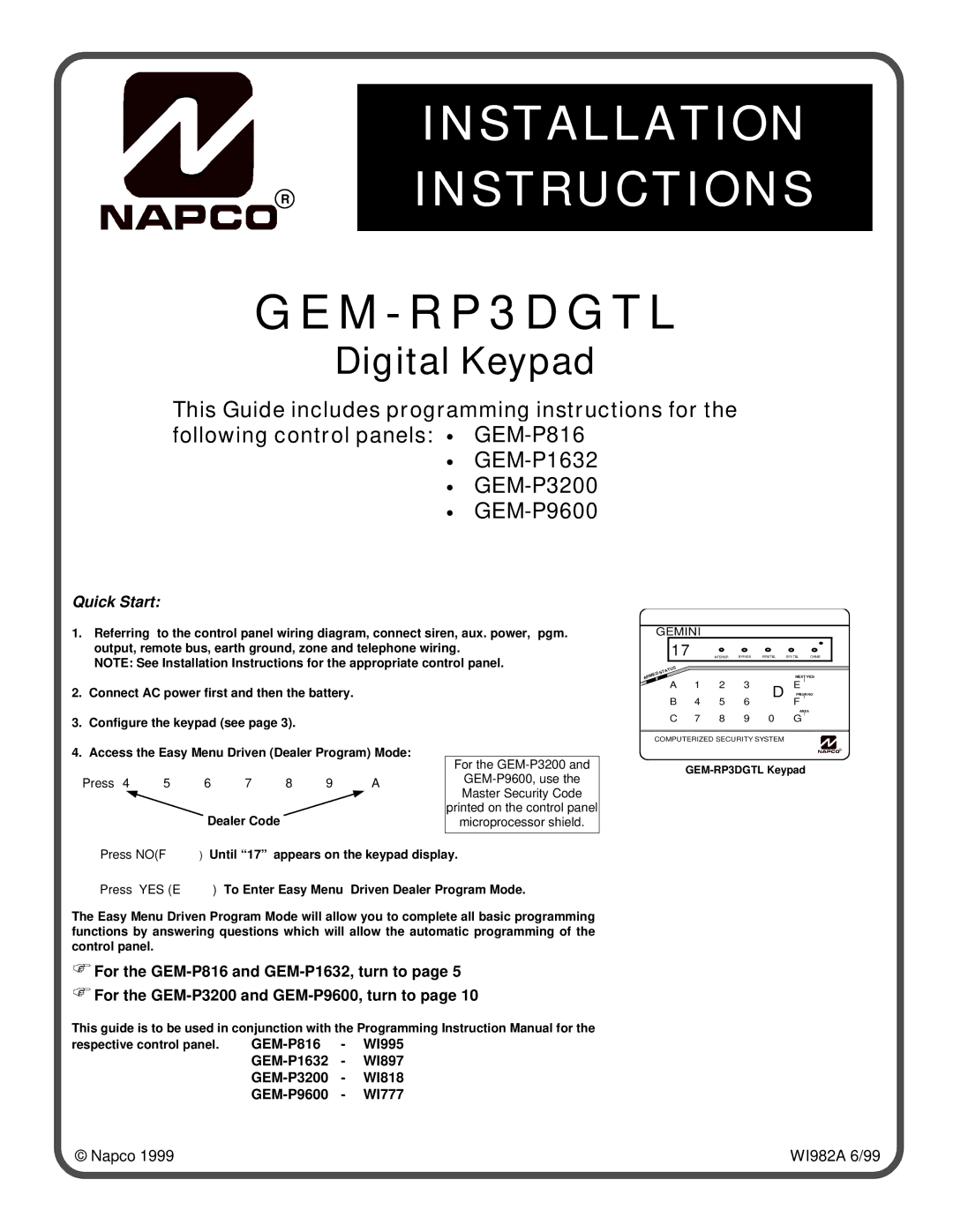 Napco Security Technologies GEM-P9600, GEM-P816, GEM-P1632 quick start Installation Instructions 