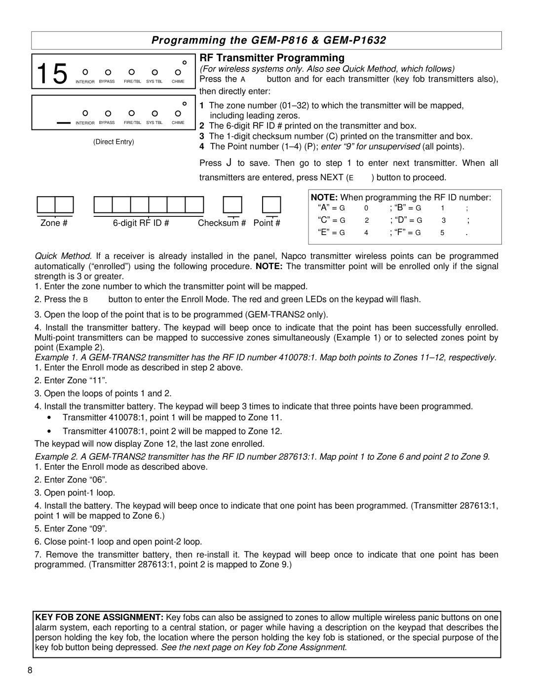 Napco Security Technologies GEM-P1632, GEM-P816, GEM-P9600 quick start RF Transmitter Programming 