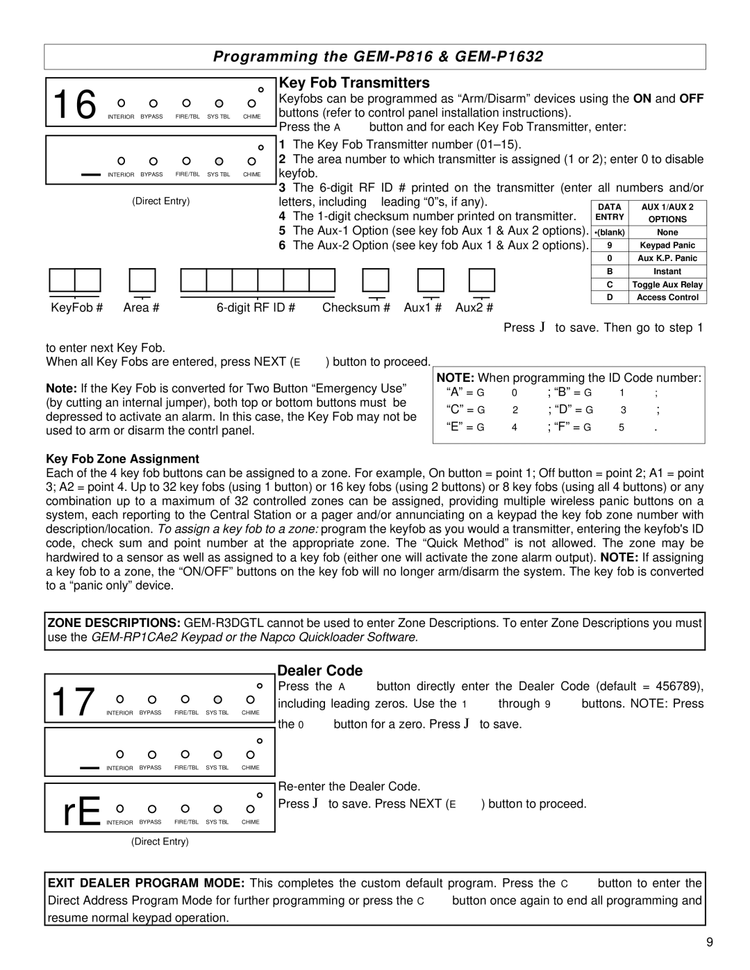 Napco Security Technologies GEM-P816, GEM-P9600, GEM-P1632 quick start Key Fob Transmitters, Dealer Code 