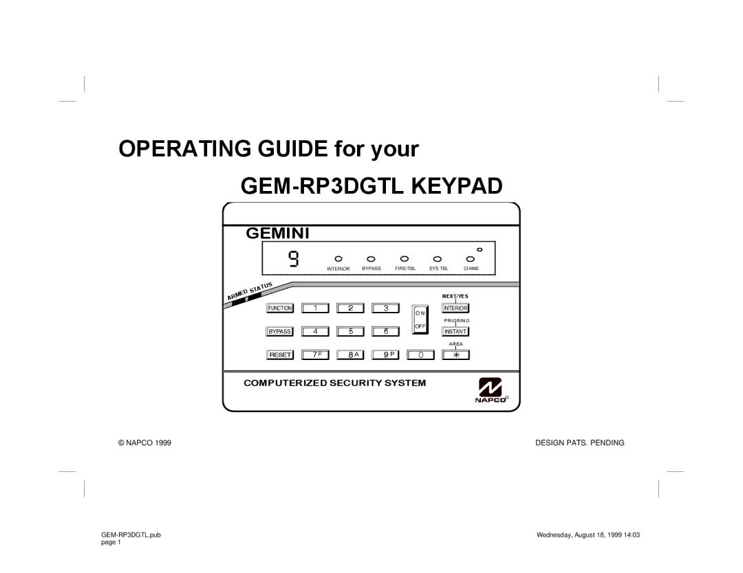 Napco Security Technologies manual GEM-RP3DGTL Keypad, Ent 