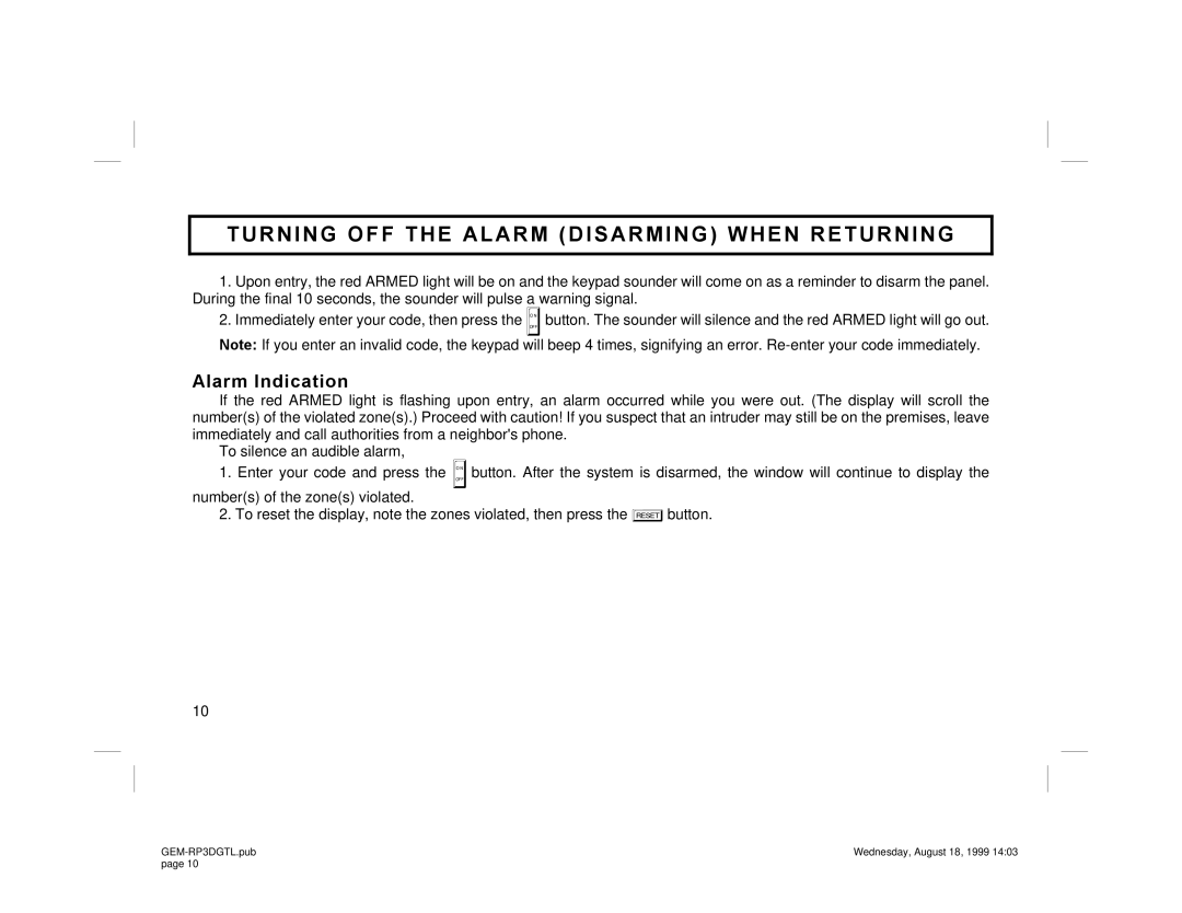 Napco Security Technologies GEM-RP3DGTL manual Turning OFF the Alarm Disarming When Returning, Alarm Indication 