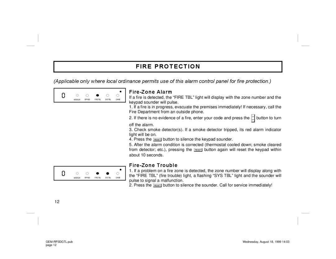 Napco Security Technologies GEM-RP3DGTL manual Fire Protection, Fire-Zone Alarm, Fire-Zone Trouble 