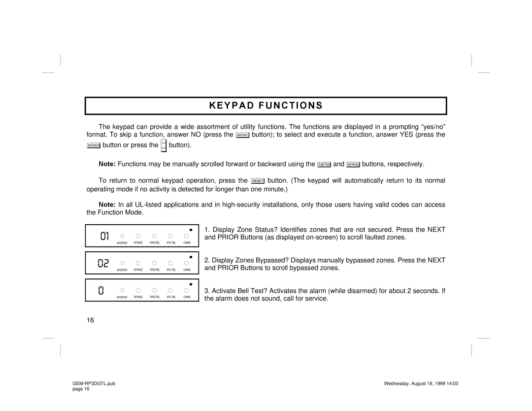 Napco Security Technologies GEM-RP3DGTL manual Keypad Functions 