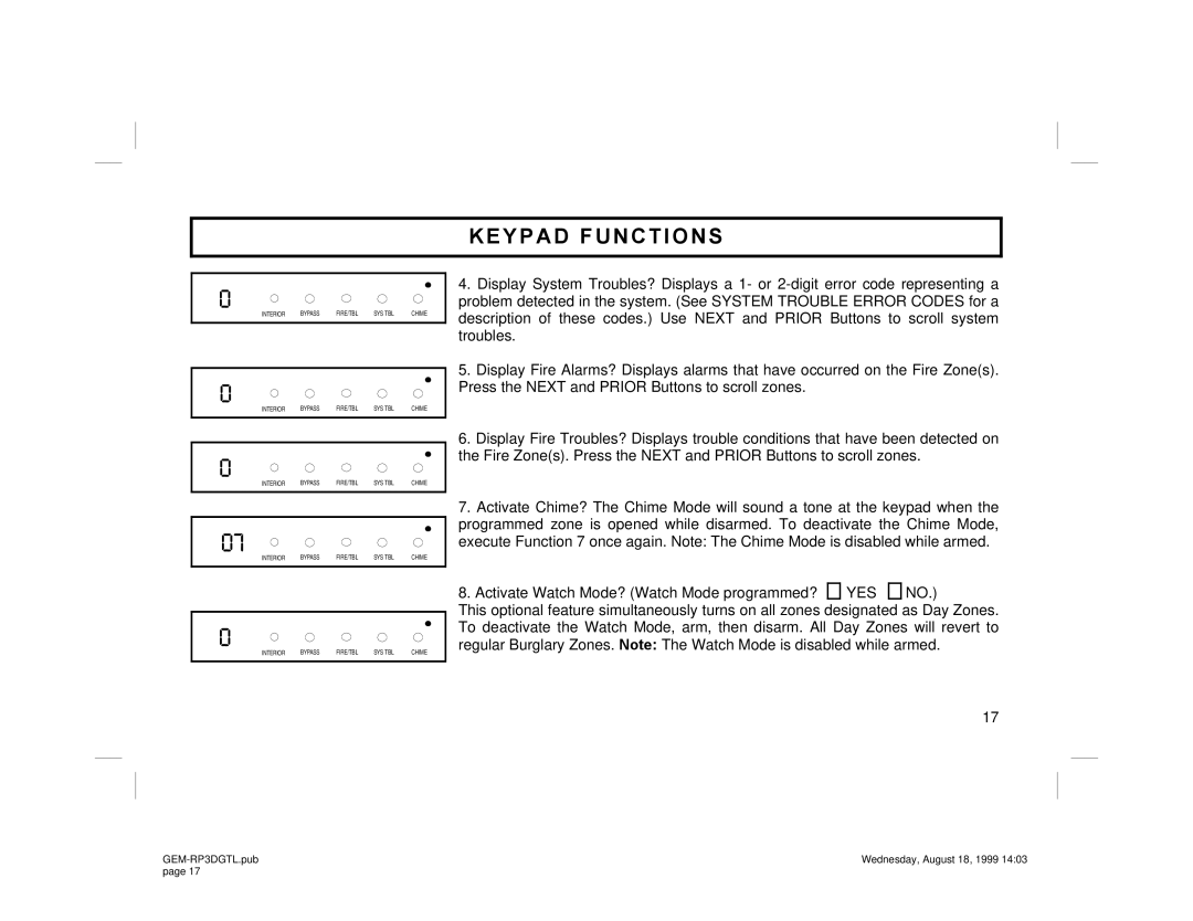 Napco Security Technologies GEM-RP3DGTL manual Interior Bypass FIRE/TBL SYS TBL 