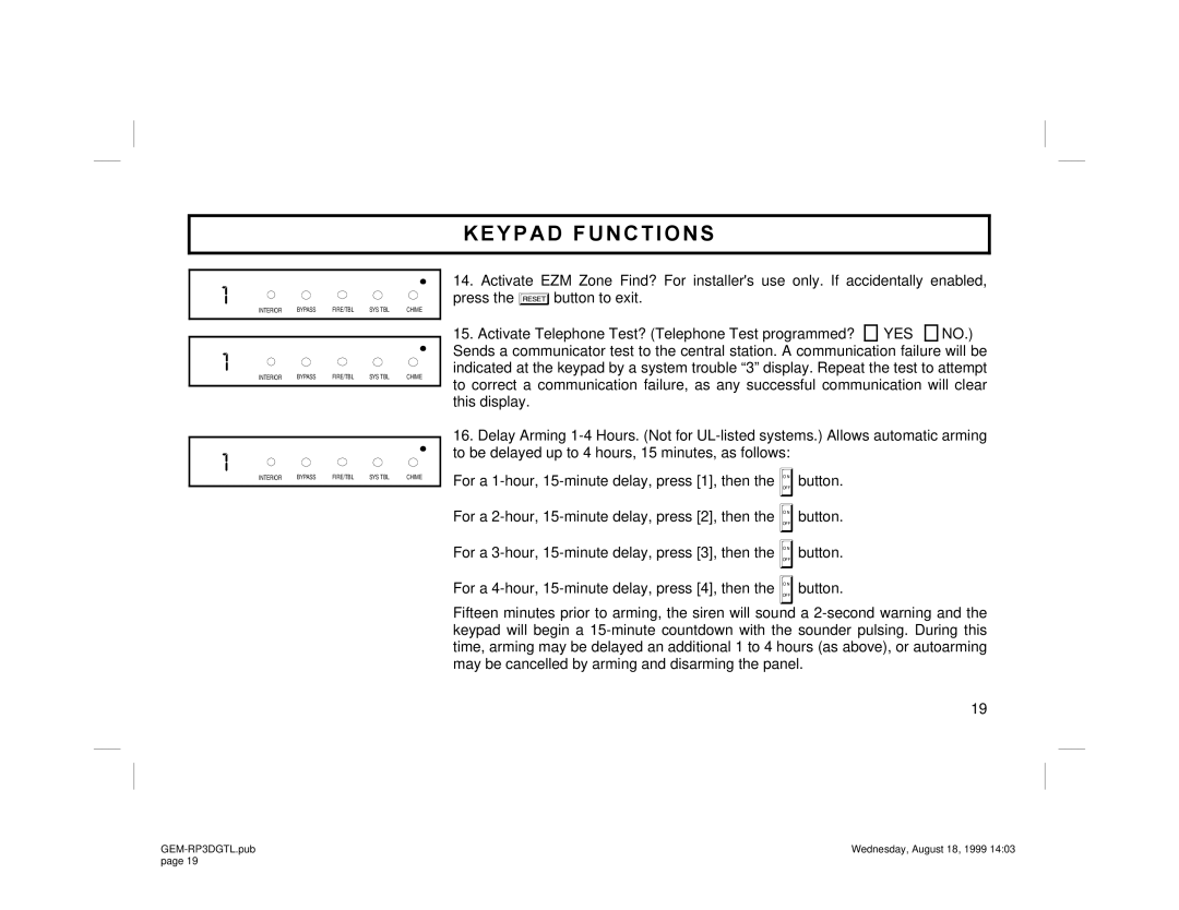 Napco Security Technologies GEM-RP3DGTL manual Keypad Functions 