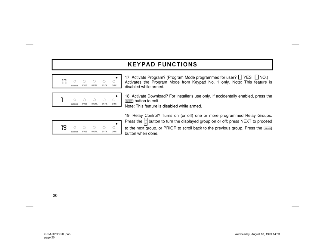 Napco Security Technologies GEM-RP3DGTL manual Keypad Functions 