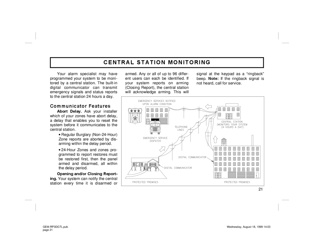 Napco Security Technologies GEM-RP3DGTL manual Central Station Monitoring, Communicator Features 