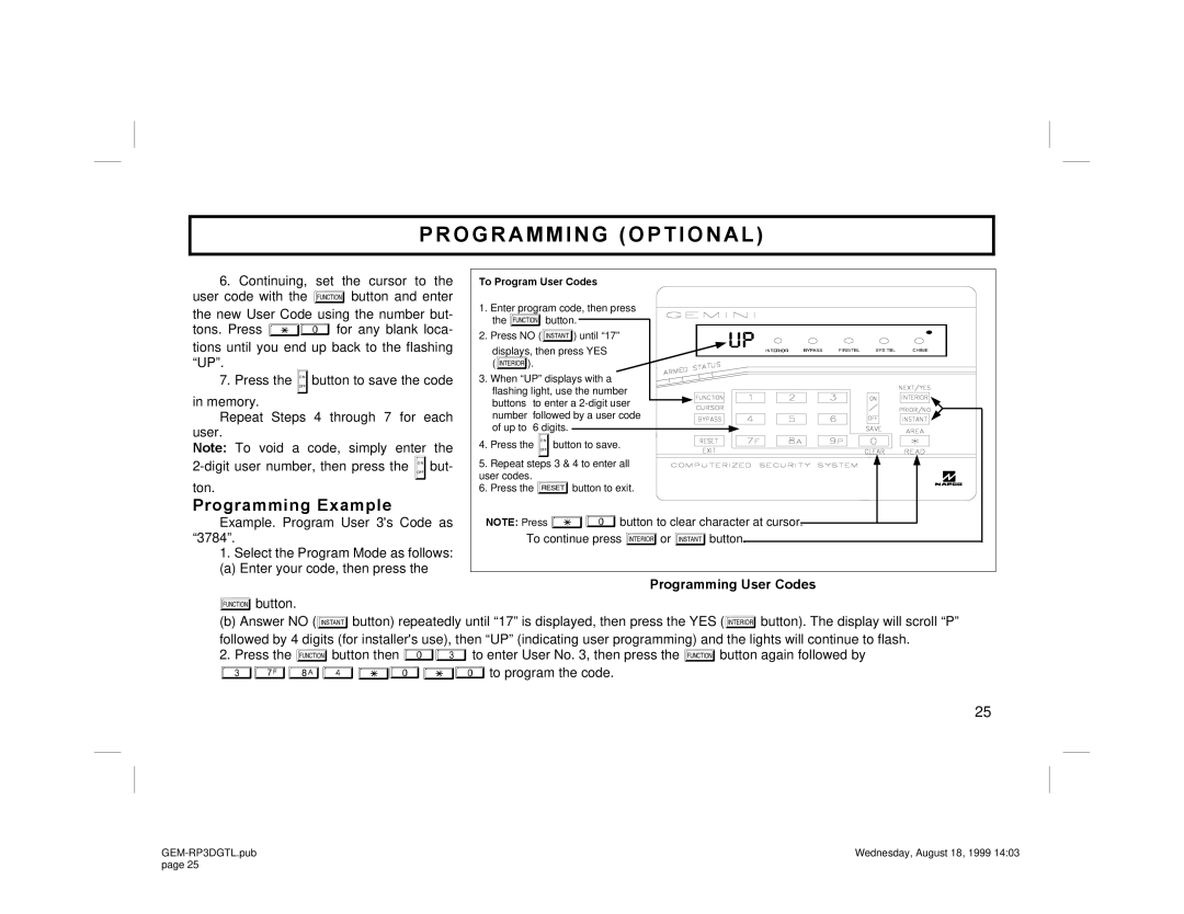 Napco Security Technologies GEM-RP3DGTL manual Programming Example 