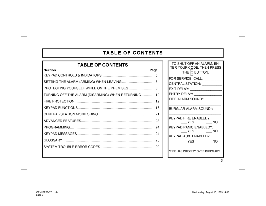 Napco Security Technologies GEM-RP3DGTL manual Table of Contents 