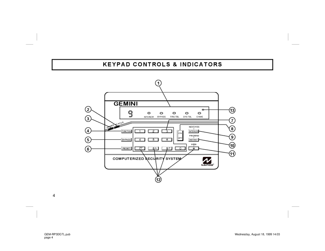 Napco Security Technologies GEM-RP3DGTL manual ENT A1, Keypad Controls & Indicators Gemini 