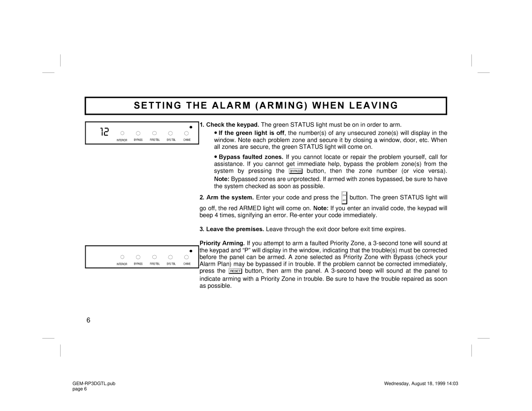 Napco Security Technologies GEM-RP3DGTL manual Setting the Alarm Arming When Leaving 