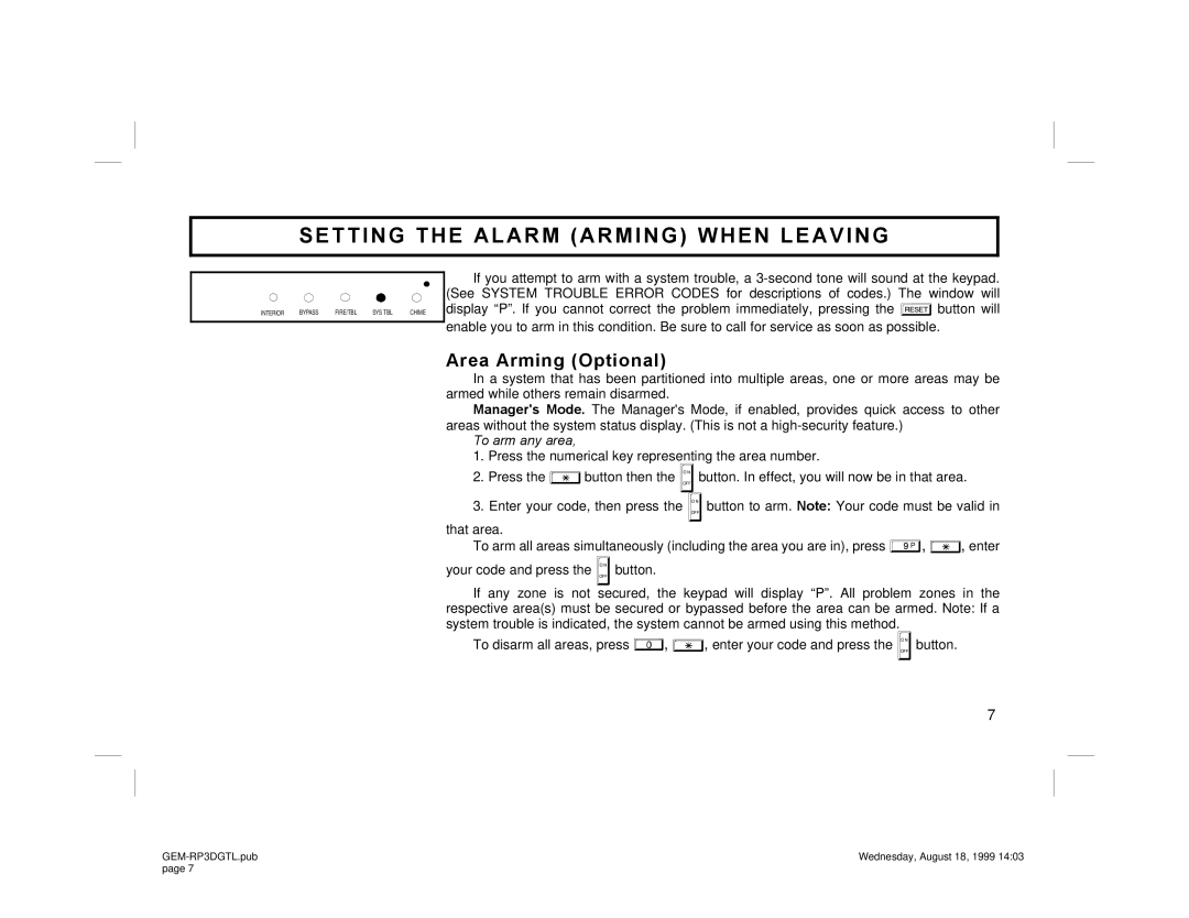 Napco Security Technologies GEM-RP3DGTL manual Area Arming Optional, To arm any area 