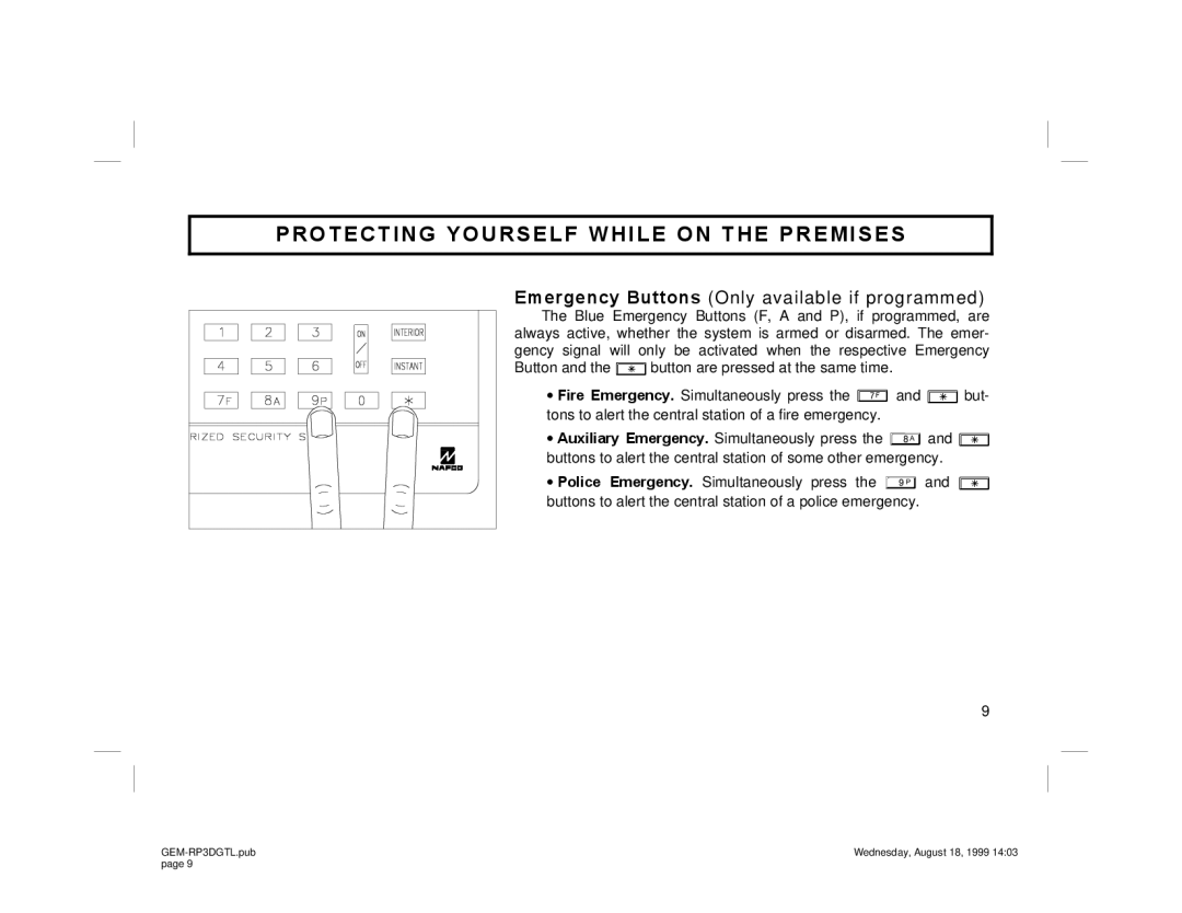 Napco Security Technologies GEM-RP3DGTL manual Emergency Buttons Only available if programmed 