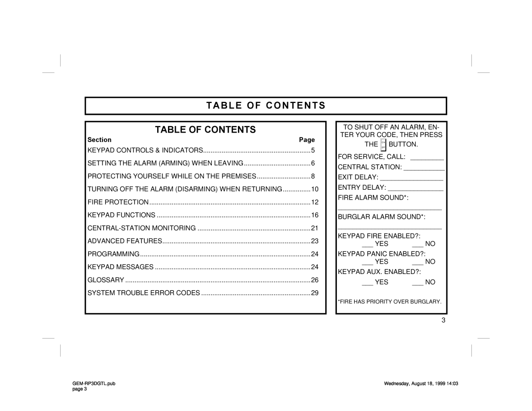 Napco Security Technologies GEM-RP3DGTL manual Table Of Contents, Section, Page 