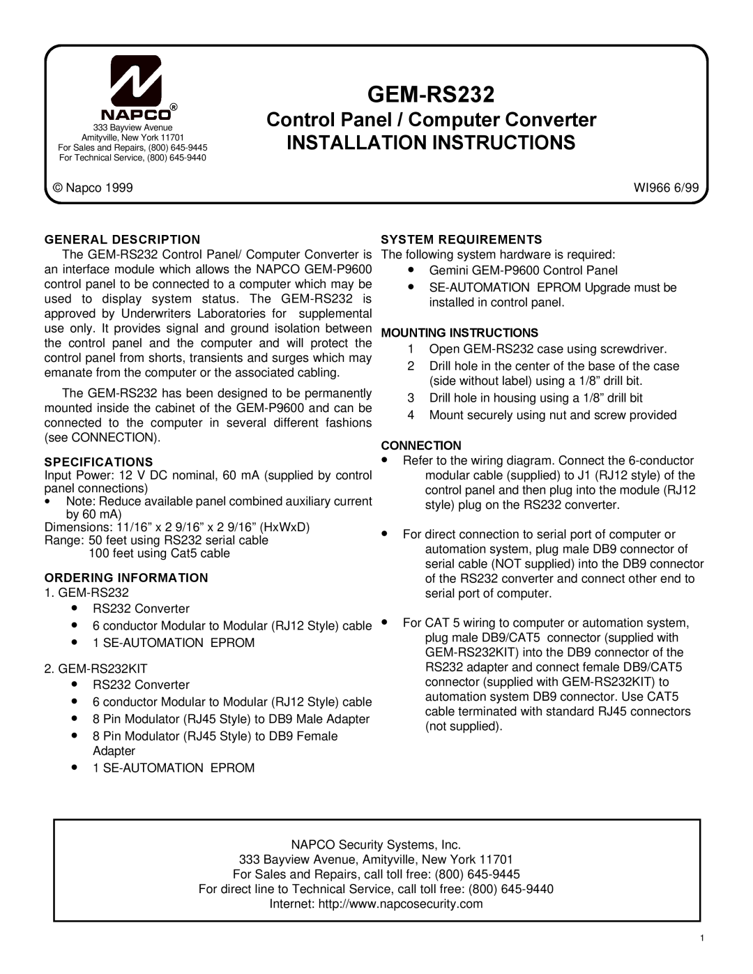 Napco Security Technologies GEM-RS232 installation instructions General Description, Specifications, Ordering Information 