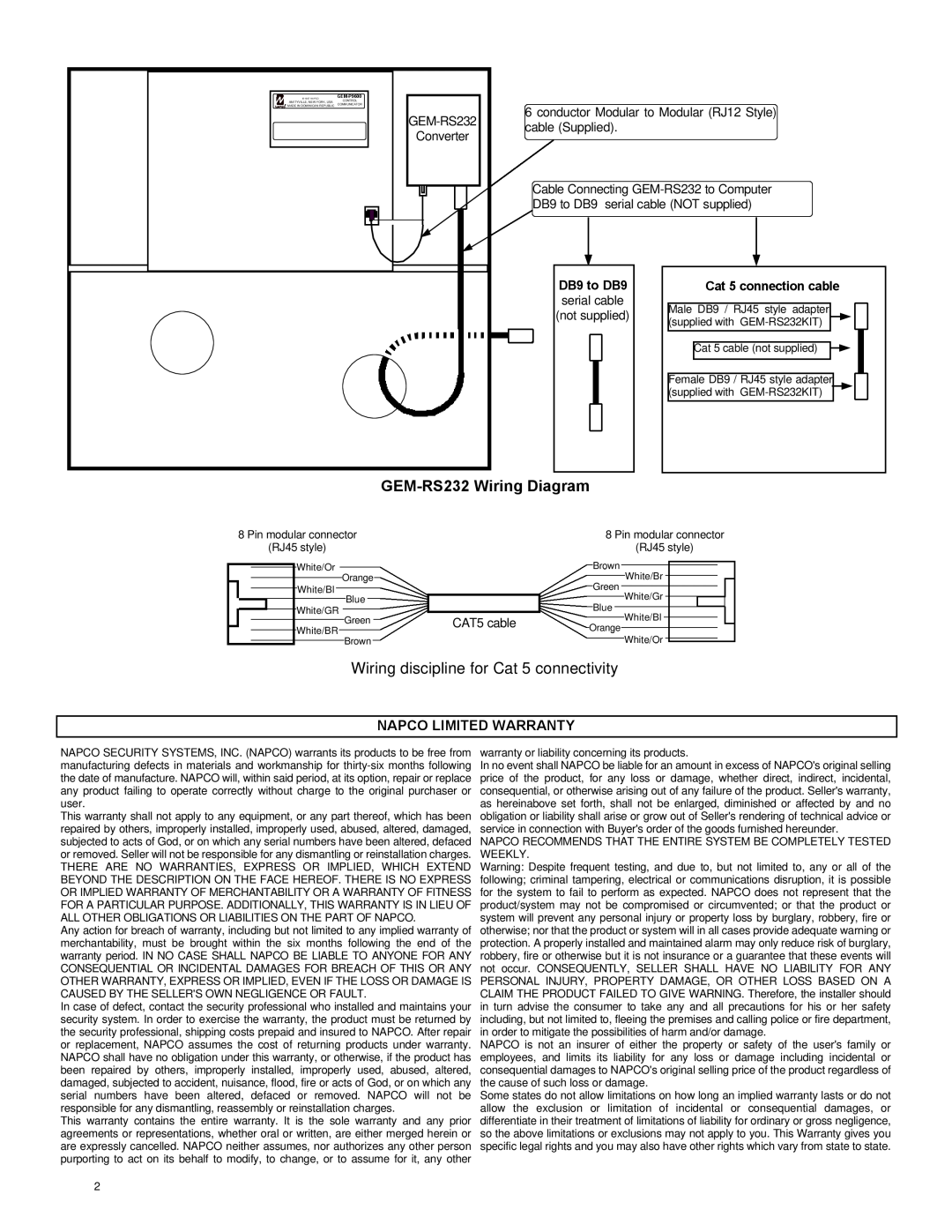 Napco Security Technologies GEM-RS232 Wiring Diagram, Napco Limited Warranty, GEM-RS232 Converter, CAT5 cable 