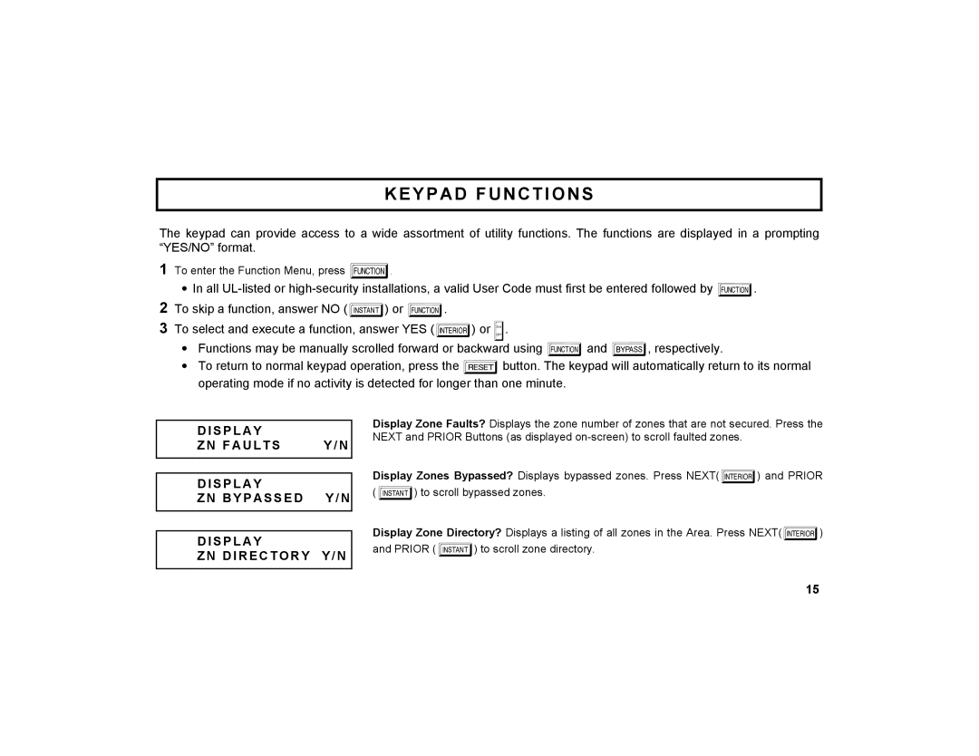 Napco Security Technologies GEM-X255 Keypad Functions, S P L a Y F a U LT S, B Y P As S E D Y / N, D I R E C T O R Y Y / N 