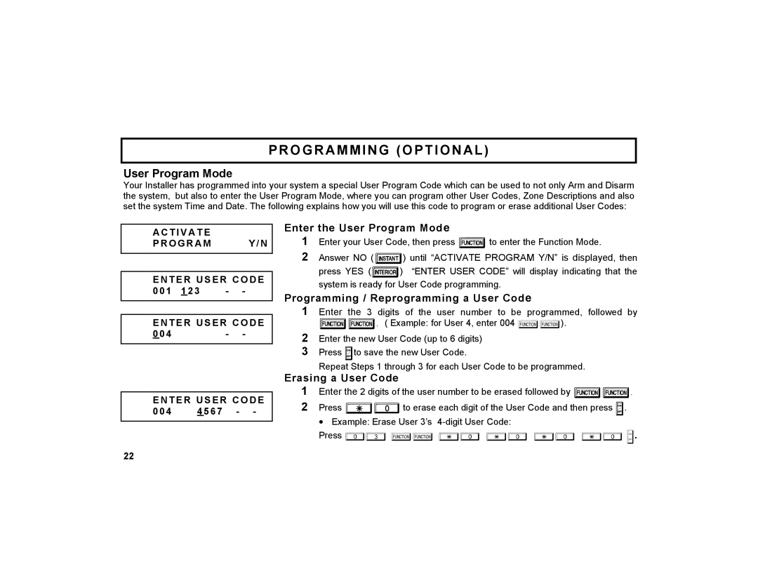 Napco Security Technologies GEM-X255 manual Programming Optional, Enter the User Program Mode, Erasing a User Code 