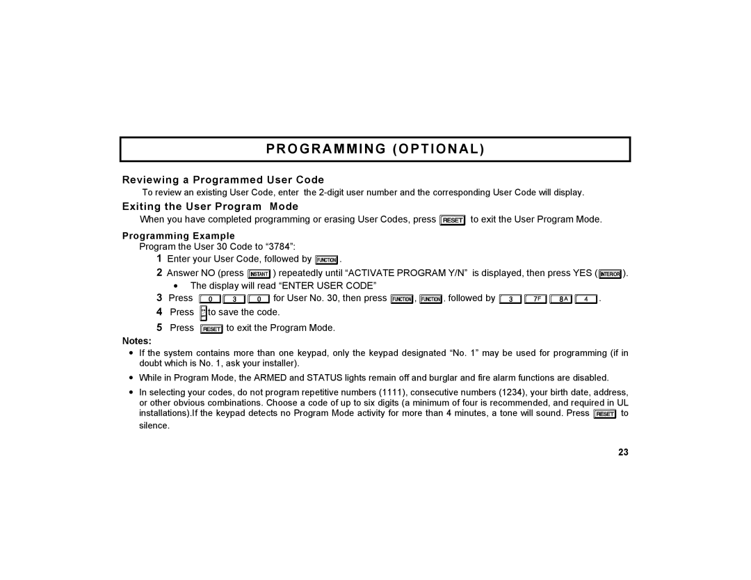 Napco Security Technologies GEM-X255 Reviewing a Programmed User Code, Exiting the User Program Mode, Programming Example 