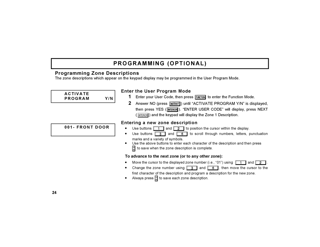 Napco Security Technologies GEM-X255 manual Programming Zone Descriptions, Entering a new zone description, R O N T D O O R 