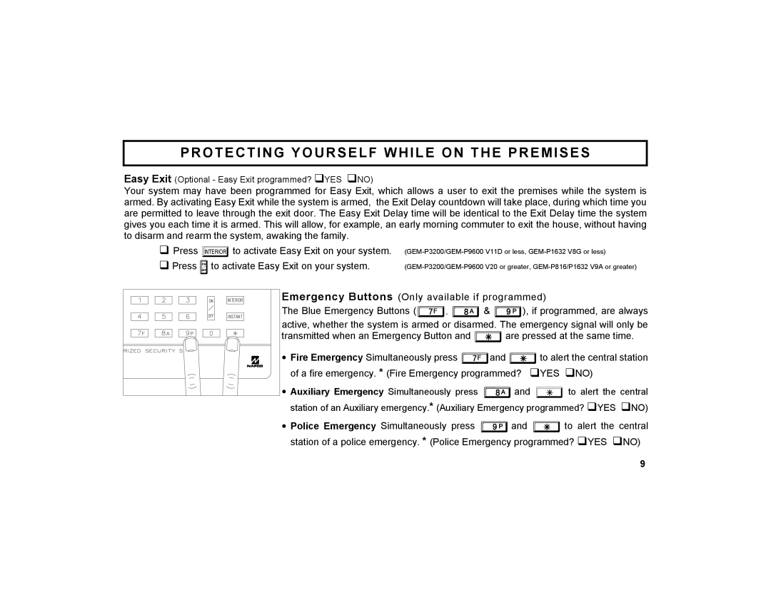 Napco Security Technologies GEM-X255 manual Easy Exit Optional Easy Exit programmed? !YES !NO 