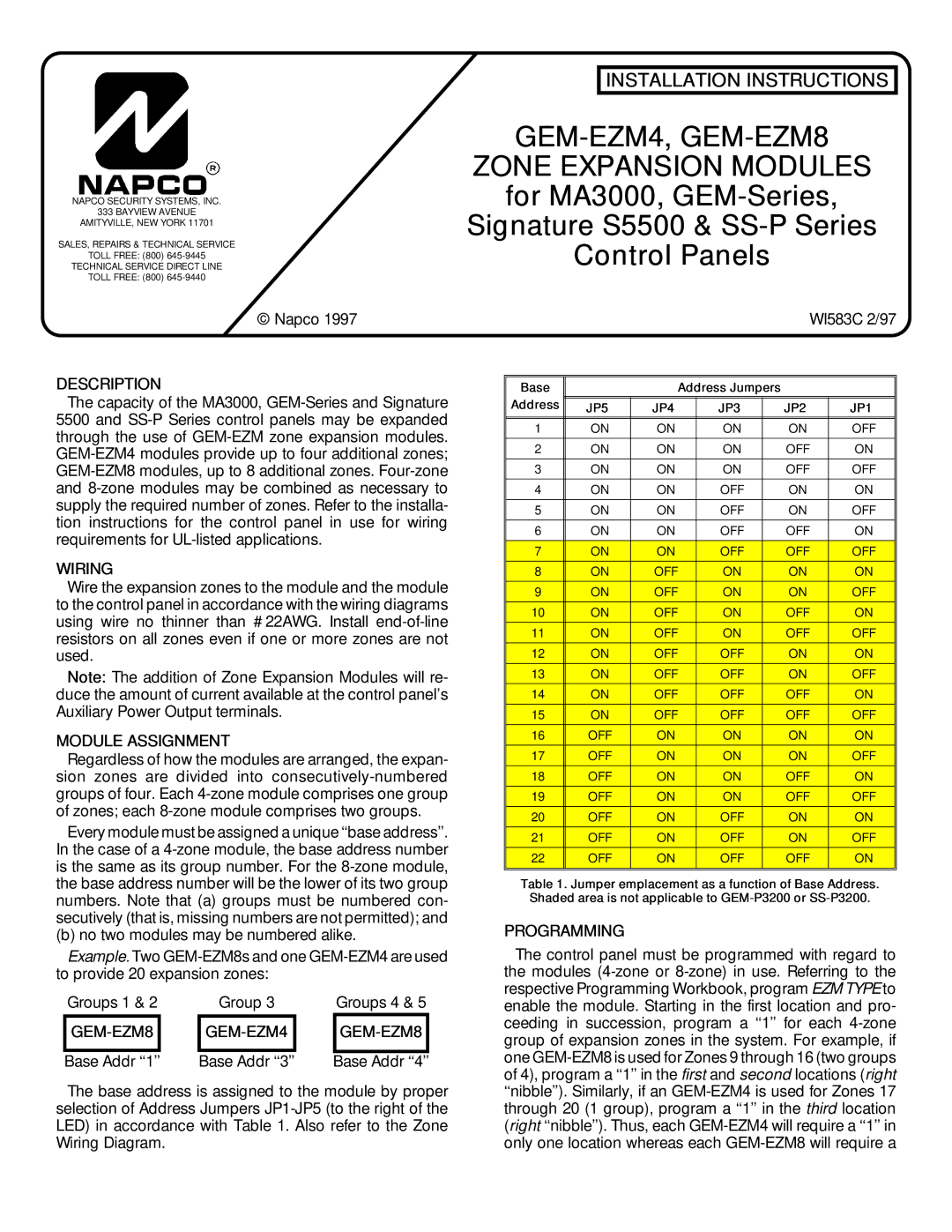 Napco Security Technologies MA3000 installation instructions Description, Wiring, Module Assignment, GEM-EZM8 GEM-EZM4 