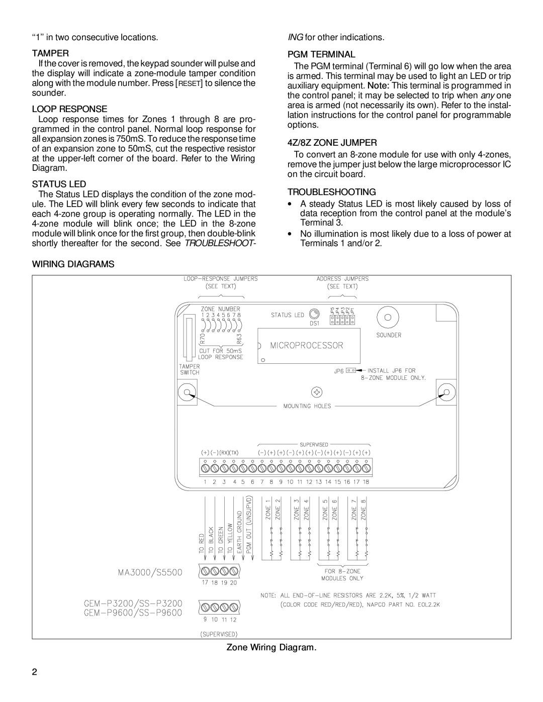 Napco Security Technologies SS-P Series Tamper, Loop Response, Status LED, Wiring Diagrams, PGM Terminal, Troubleshooting 