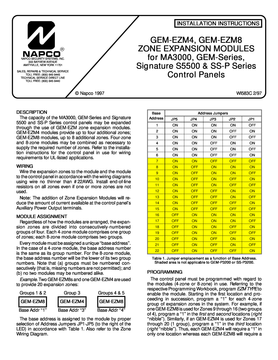 Napco Security Technologies MA3000 installation instructions Installation Instructions, Description, Wiring, GEM-EZM8 