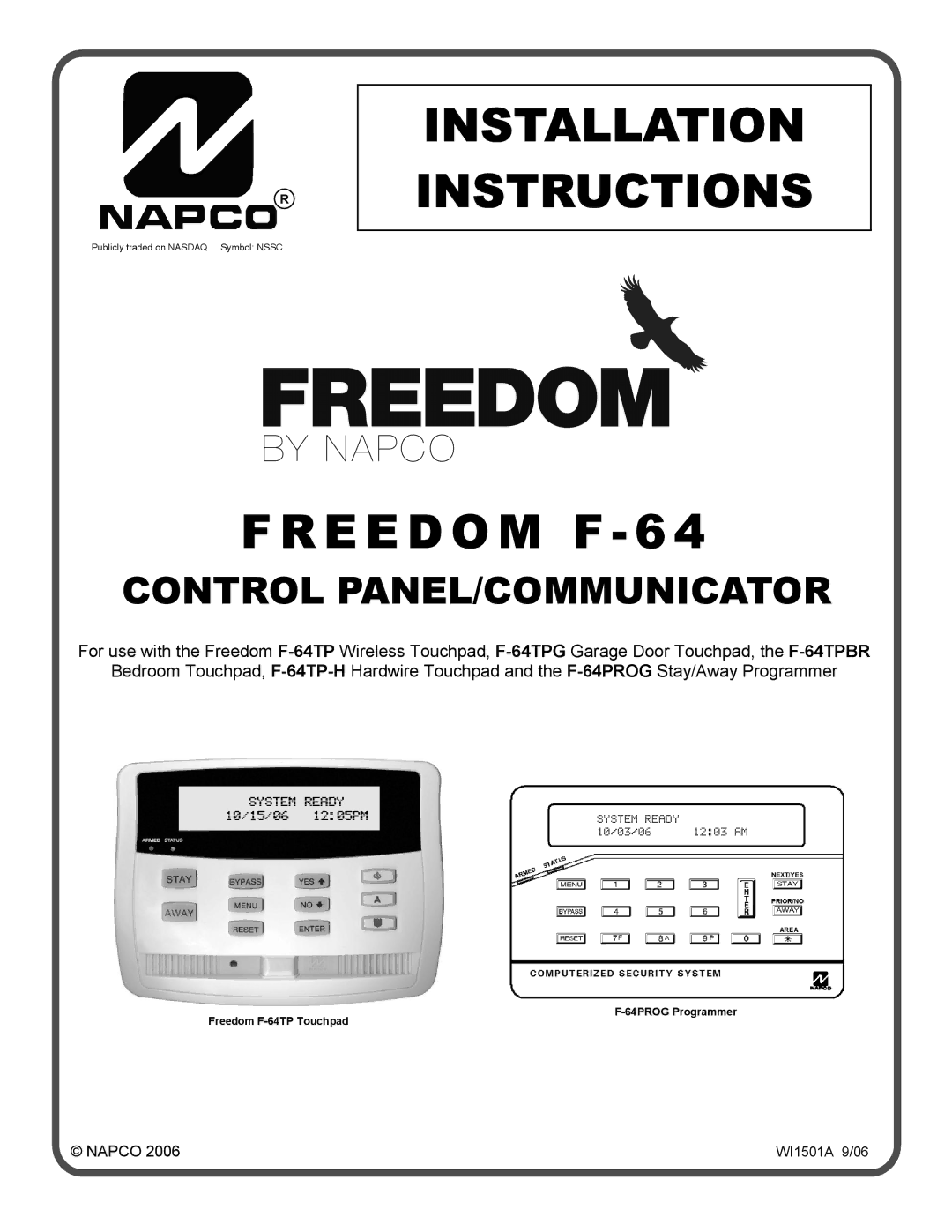 Napco Security Technologies WI1501A installation instructions Freedom F, Napco 