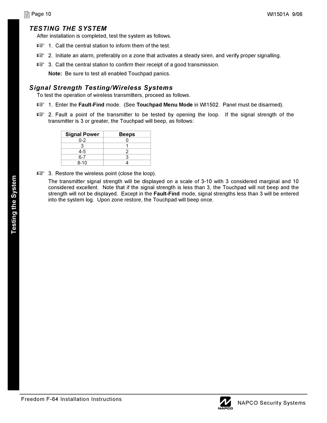 Napco Security Technologies WI1501A installation instructions Testing the System, Restore the wireless point close the loop 