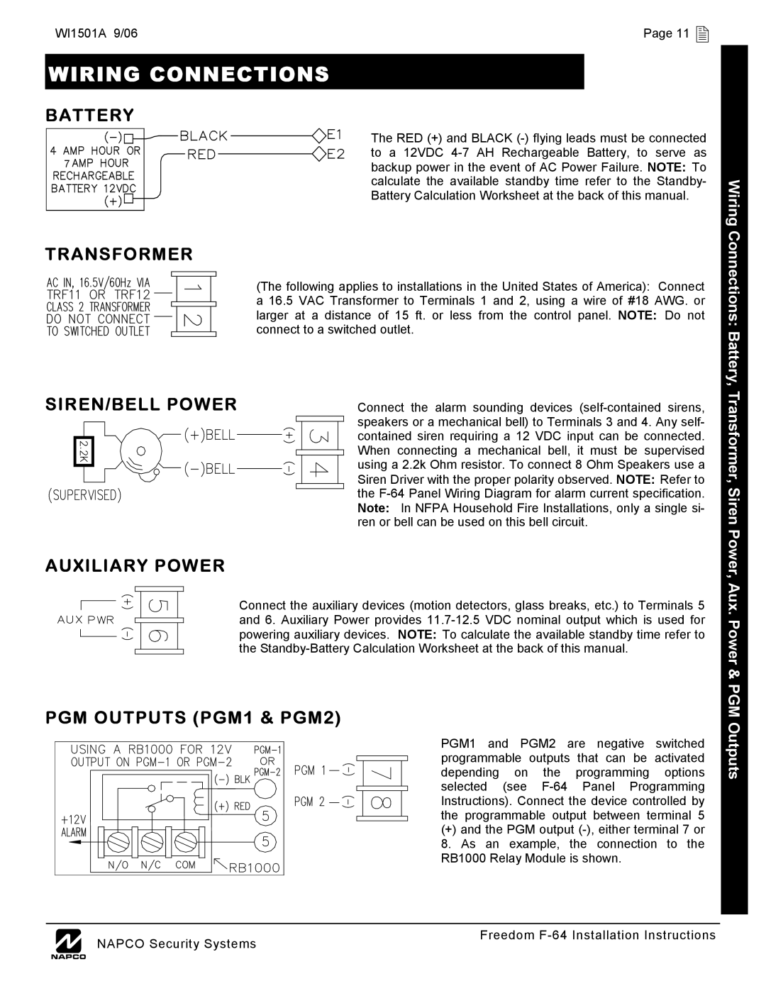 Napco Security Technologies WI1501A Wiring Connections, Transformer, SIREN/BELL Power, Auxiliary Power 