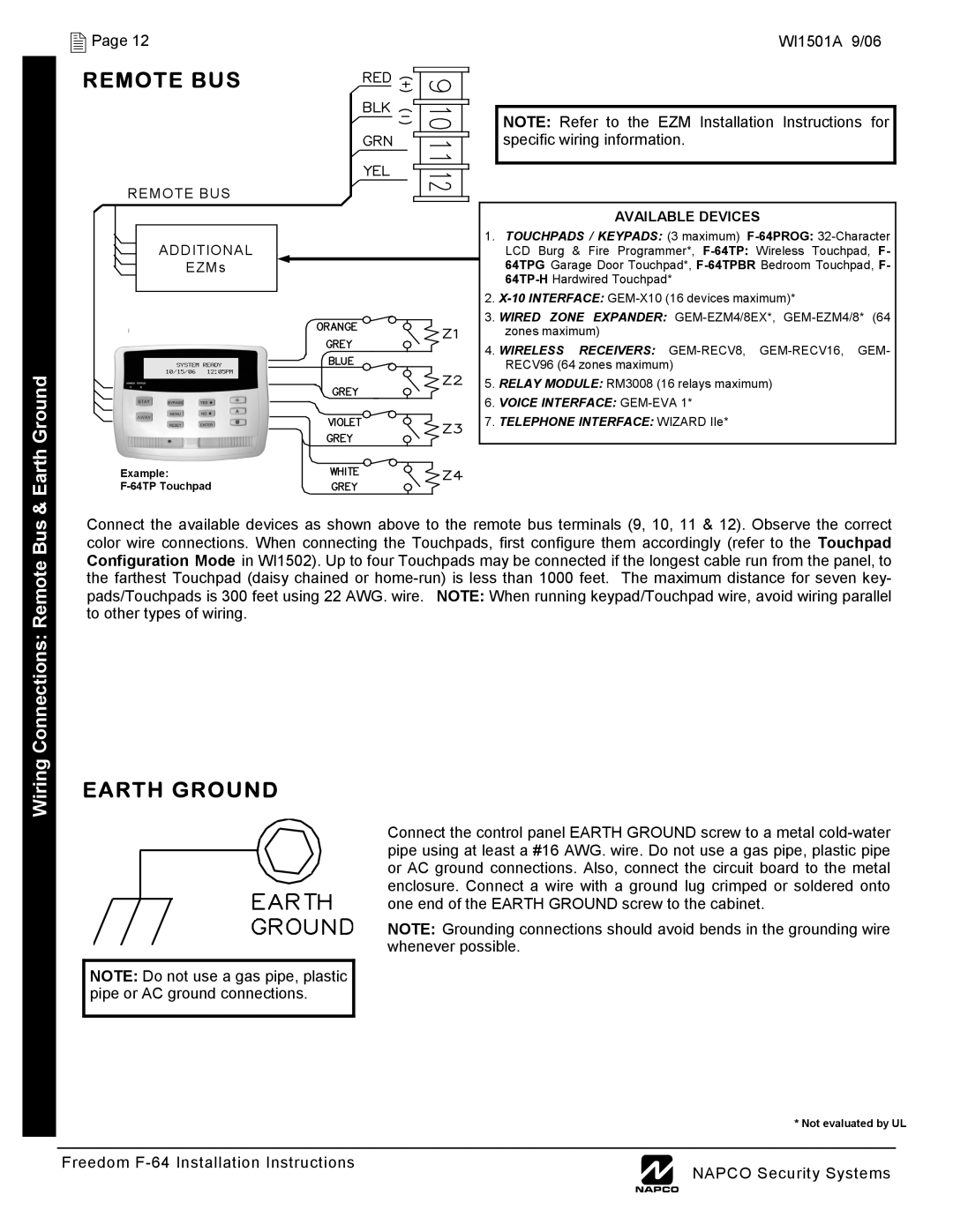 Napco Security Technologies WI1501A installation instructions Remote BUS, Earth Ground 