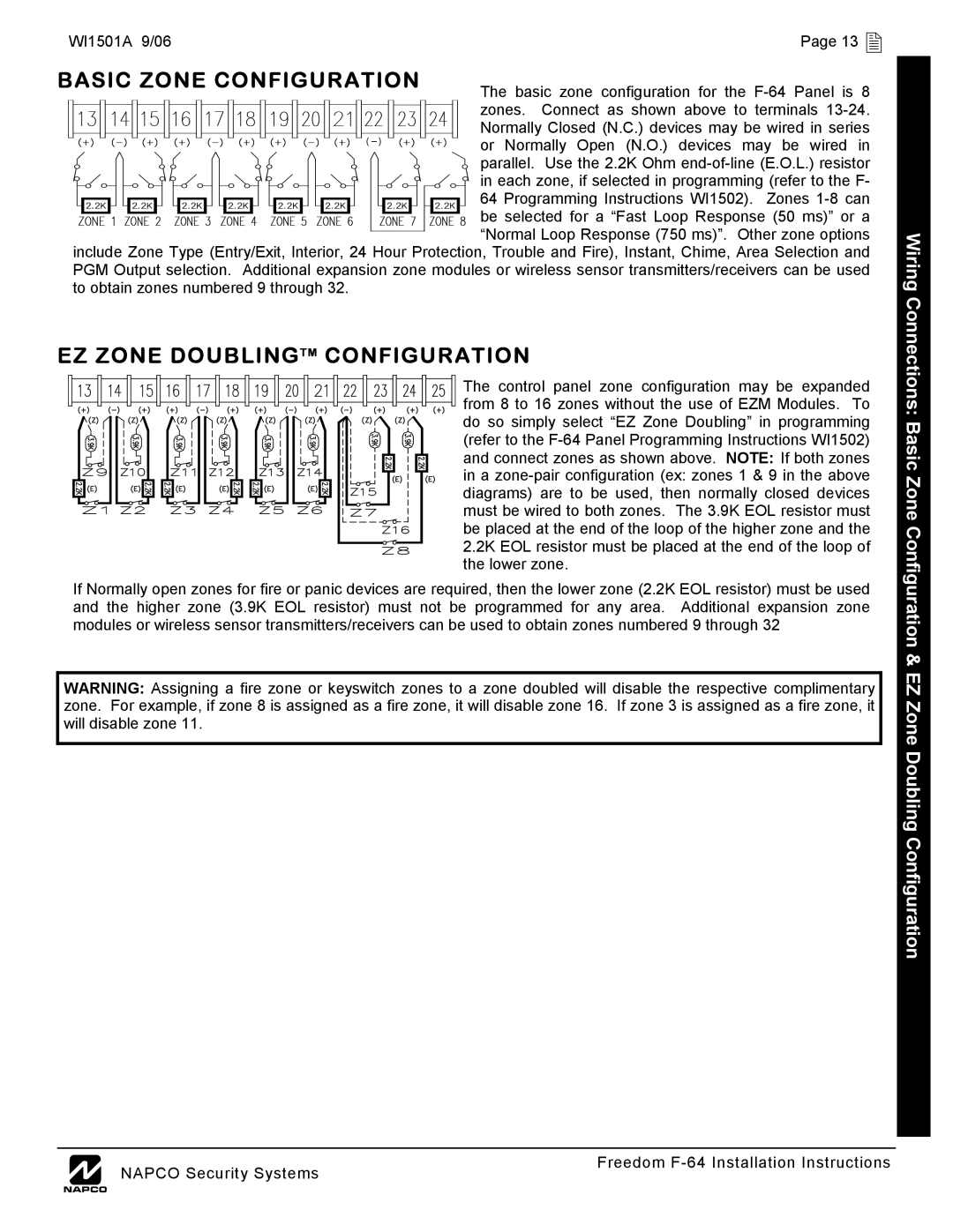 Napco Security Technologies WI1501A installation instructions Basic Zone Configuration, EZ Zone Doublingtm Configuration 