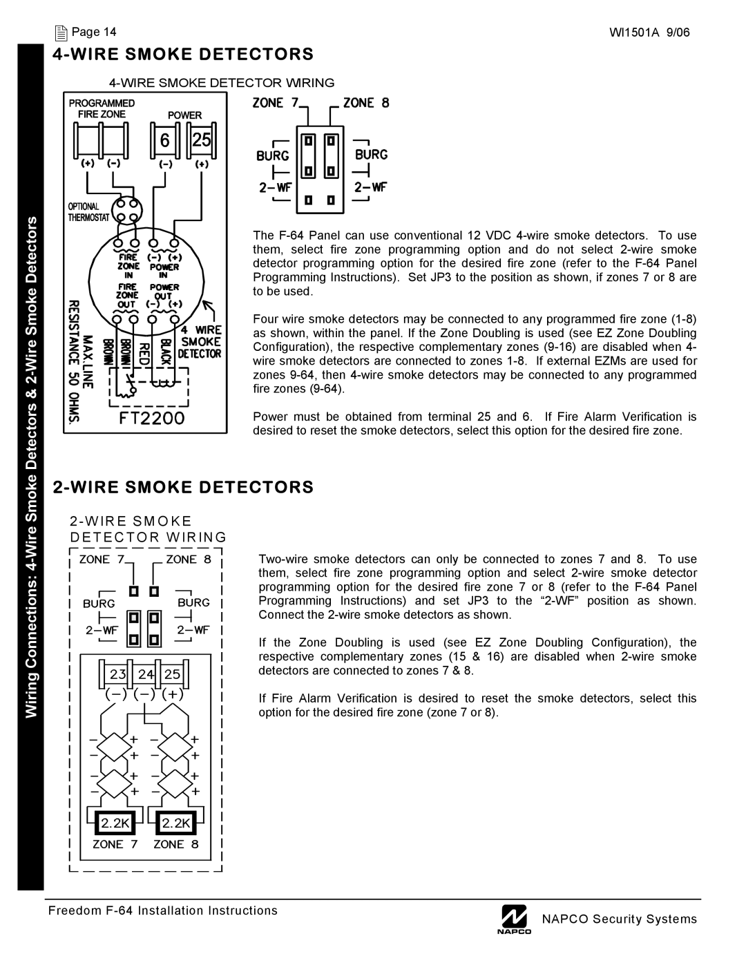 Napco Security Technologies WI1501A installation instructions Wire Smoke Detectors, Wire Smoke Detector Wiring 