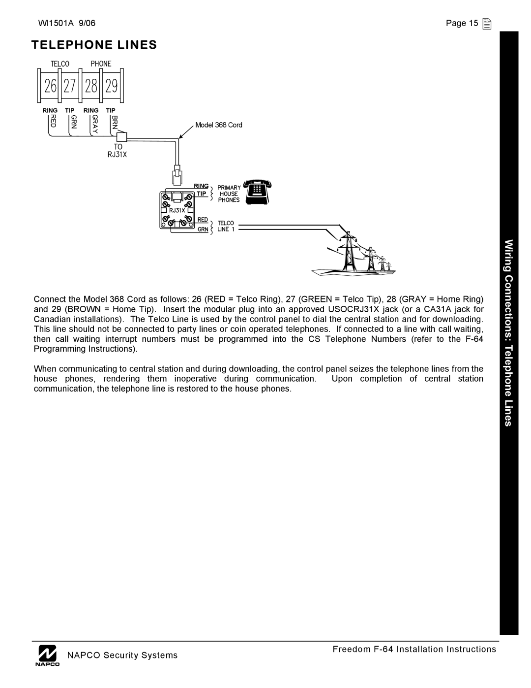 Napco Security Technologies installation instructions Telephone Lines, WI1501A 9/06 15  