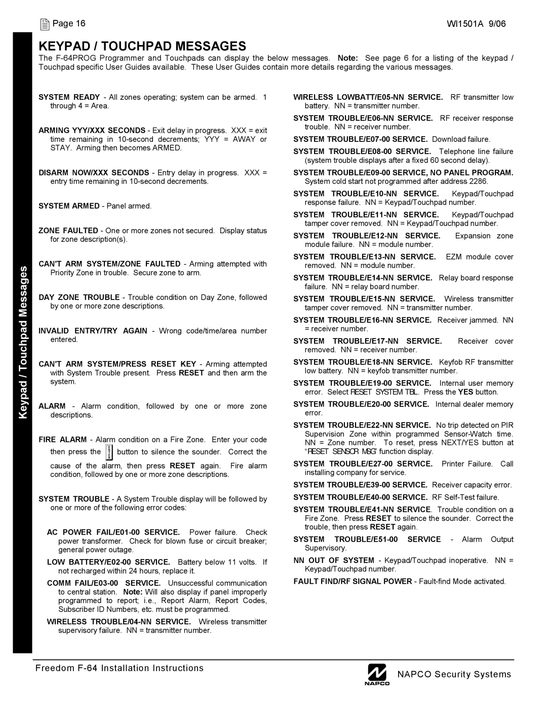 Napco Security Technologies WI1501A installation instructions Keypad / Touchpad Messages 
